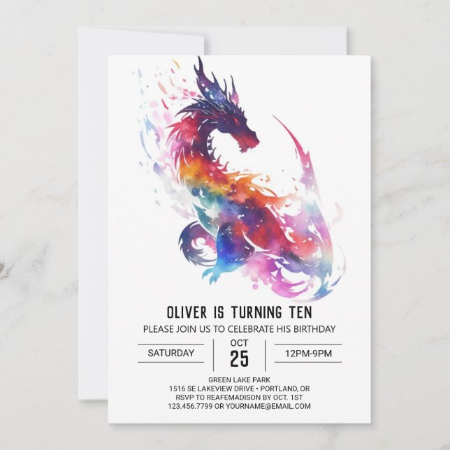 Invitation Aquarelle Whimsal Enfants Dragon Anniversaire (Devant)