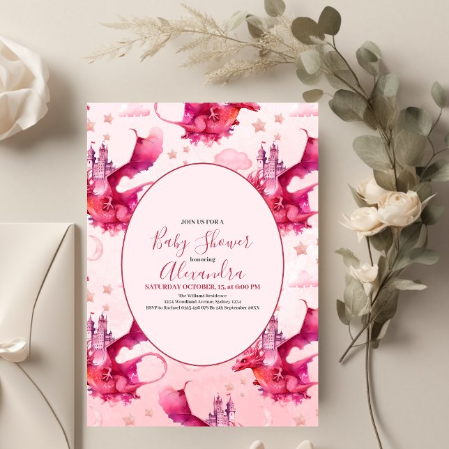 Invitation Aquarelle Whimsical Baby shower de dragon rose (Créateur téléchargé)