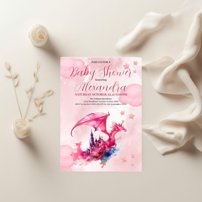 Invitation Aquarelle Whimsical Baby shower de dragon rose (Créateur téléchargé)