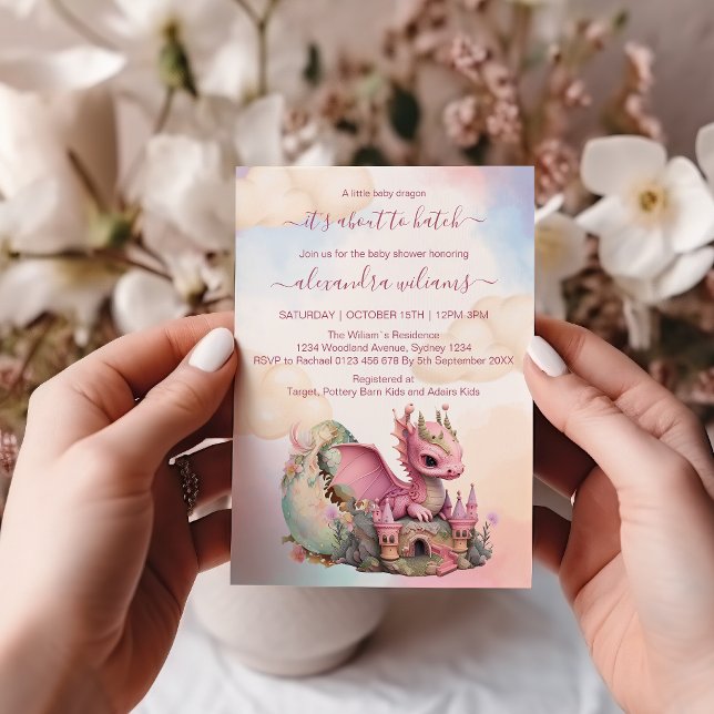Invitation Aquarelle Whimsical Baby shower de dragon rose (Créateur téléchargé)
