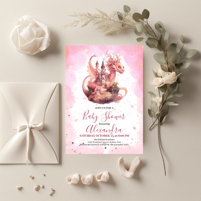 Invitation Aquarelle Whimsical Baby shower de dragon rose (Créateur téléchargé)