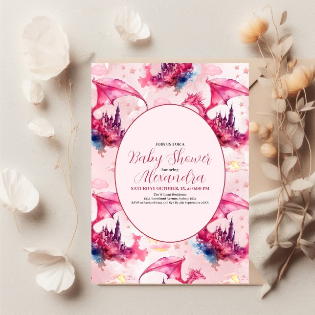 Invitation Aquarelle Whimsical Baby shower de dragon rose (Créateur téléchargé)