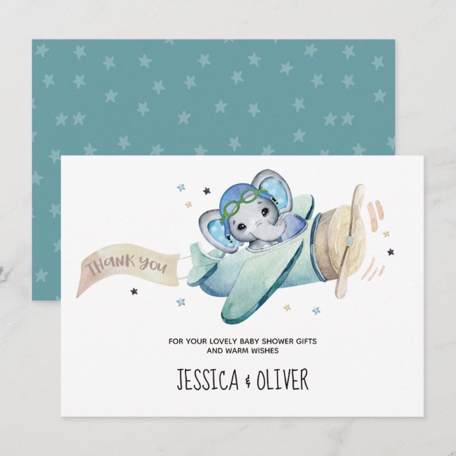 Invitation Aquarelle Whimsical Elephant avion Merci (Devant / Derrière)