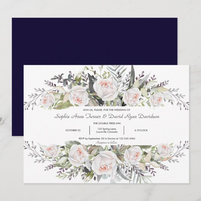 Invitation Aquarelle Whimsical Fleurs blanches Mariage de cad (Devant / Derrière)