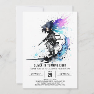 Invitation Aquarelle Whimsical Ninja Boy Digital Anniversaire
