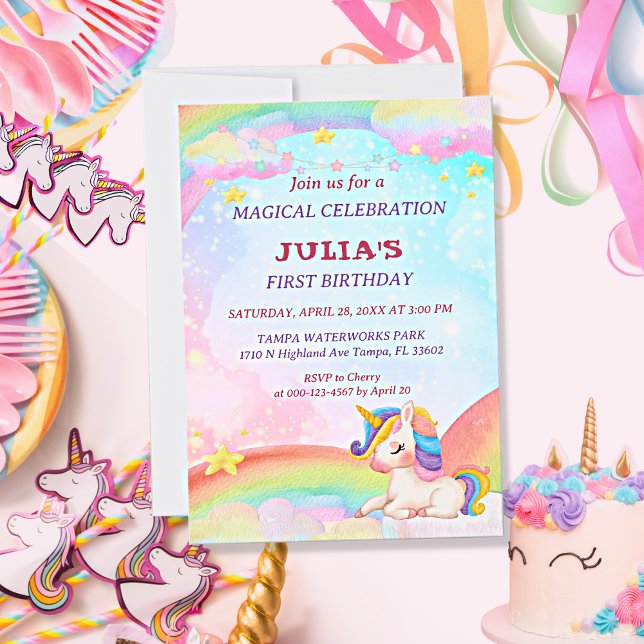 Invitation Aquarelle Whimsical Rainbow Unicorn Anniversaire (Créateur téléchargé)