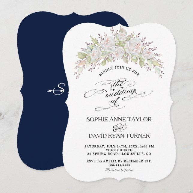 Invitation Aquarelle Whimsical Rose blanche Mariage (Devant / Derrière)