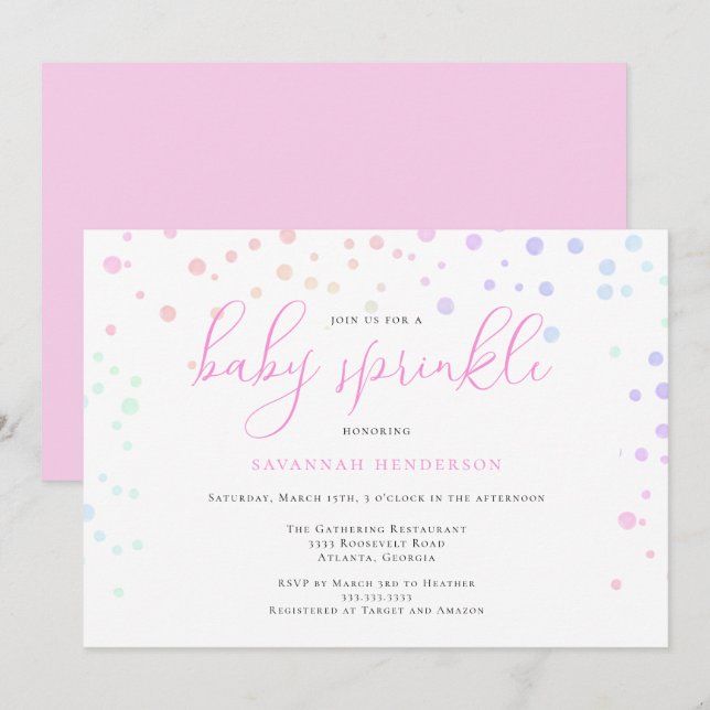 Invitation Aquarelle Whimsical rose Confetti Bébé Sprinky (Devant / Derrière)