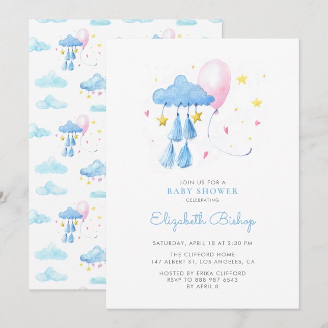 Invitation Aquarelle Whimsical Sky mignonne Baby shower (Devant / Derrière)