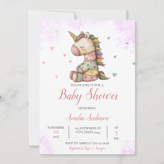 Invitation Aquarelle Whimsical Unicorn Plush Baby shower (Devant)