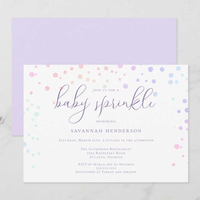 Invitation Aquarelle Whimsical violet Confetti Baby Sprinky (Devant / Derrière)