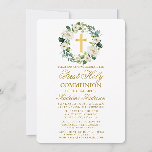 Invitation Aquarelle White Floral Wreath Première communion (Devant)