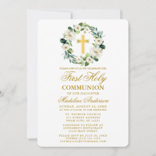 Invitation Aquarelle White Floral Wreath Première communion