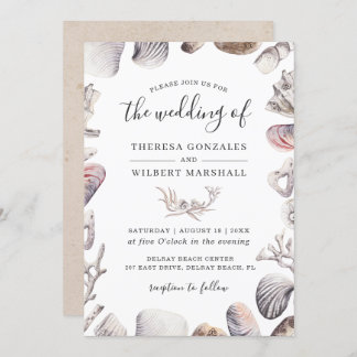 Invitation Aquarelle White Sea Shell Beach Sand Mariage