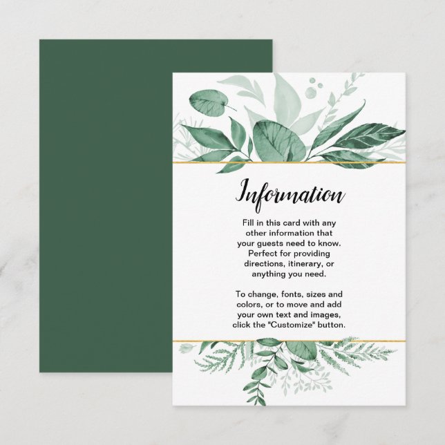 Invitation Aquarelle Wild Feuilles Hunter Mariage vert (Devant / Derrière)