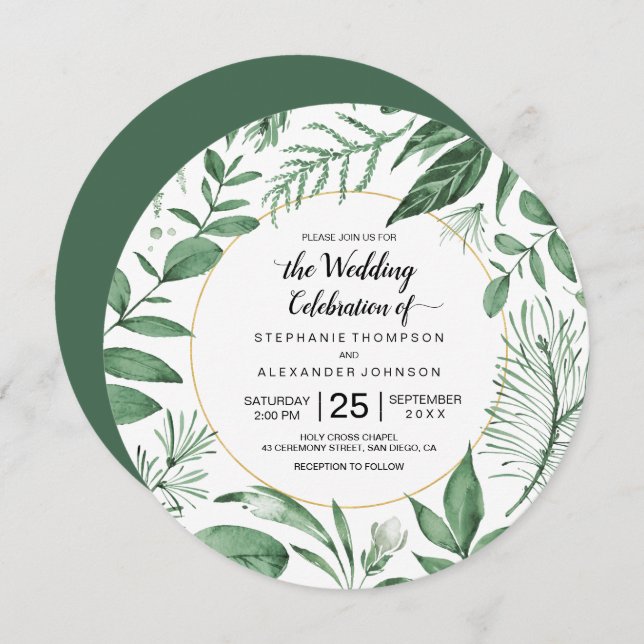 Invitation Aquarelle Wild Feuilles Hunter Mariage vert (Devant / Derrière)