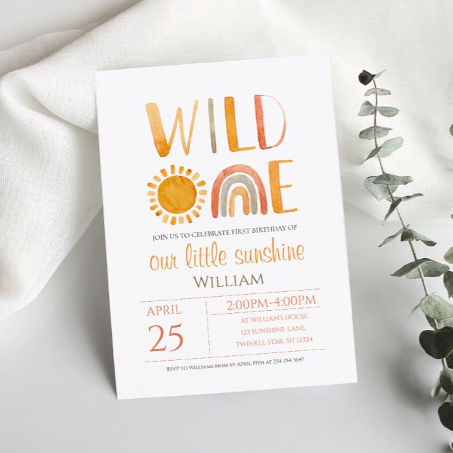 Invitation Aquarelle Wild One 1er anniversaire Rainbow et Sun (Créateur téléchargé)
