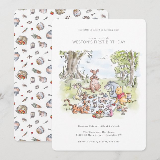 Invitation Aquarelle Winnie le pique-nique Pooh Premier Anniv (Devant / Derrière)