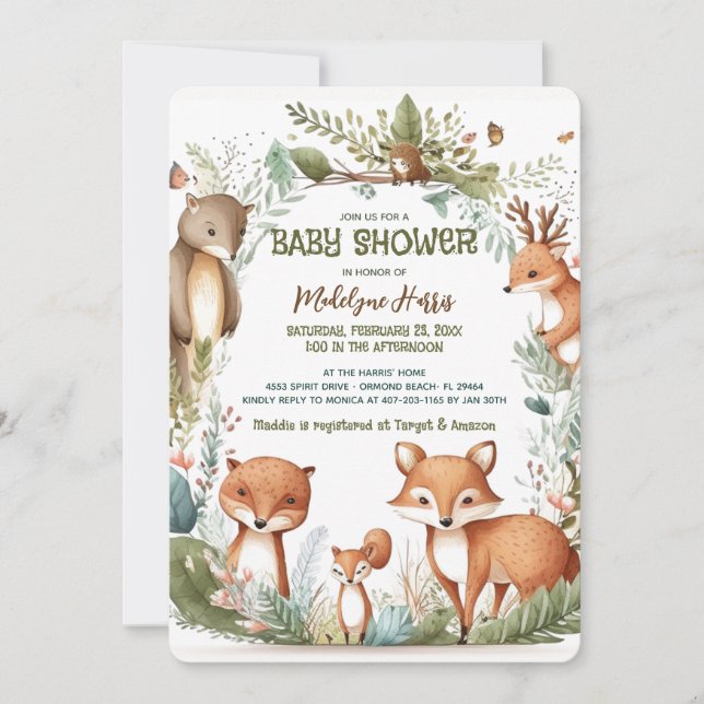 Invitation Aquarelle Woodland Baby shower neutre pour les fem (Devant)