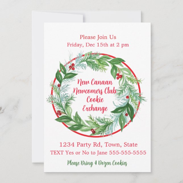 Invitation Aquarelle Xmas Vacances Wreath Cookie Swap (Devant)