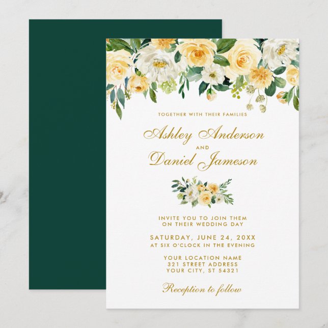 Invitation Aquarelle Yellow Gold Hunter Mariage vert (Devant / Derrière)
