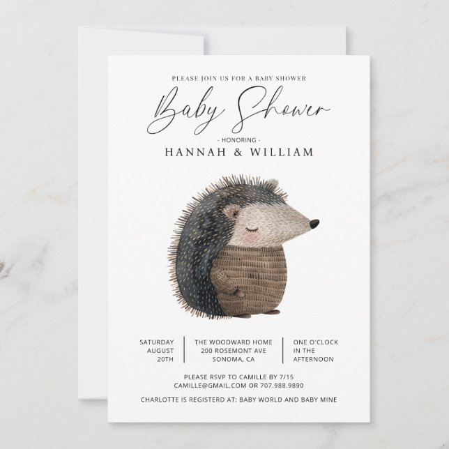 Invitation AquarelleBaby shower de hérisson animal de bois (Devant)