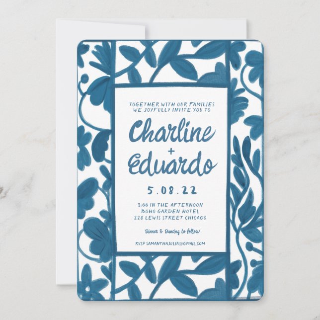 Invitation AquarelleBlue Floral écriture Mariage moderne (Devant)