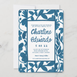 Invitation AquarelleBlue Floral écriture Mariage moderne