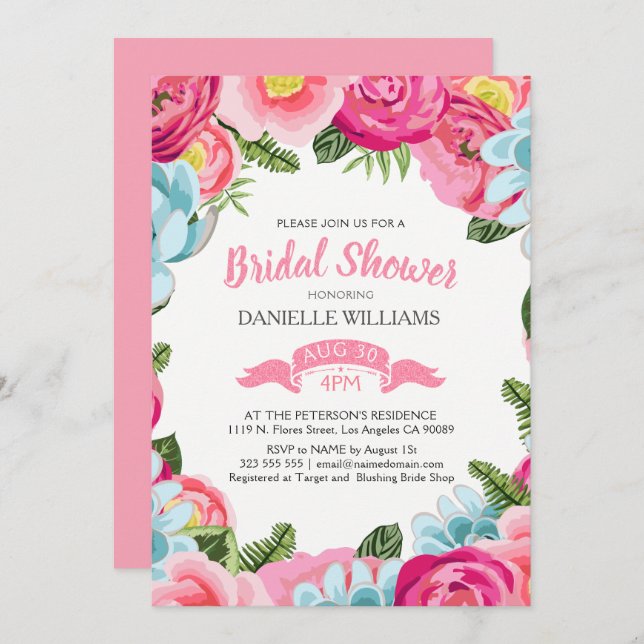 Invitation Aquarelles colorées Fleurs Cadre (Devant / Derrière)