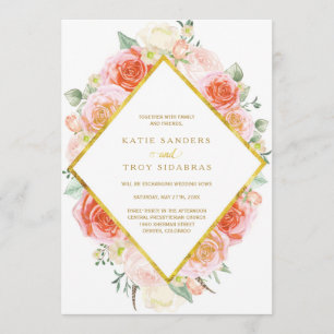 Invitation Aquarelles Corail, Pêche et Roses roses roses sur 