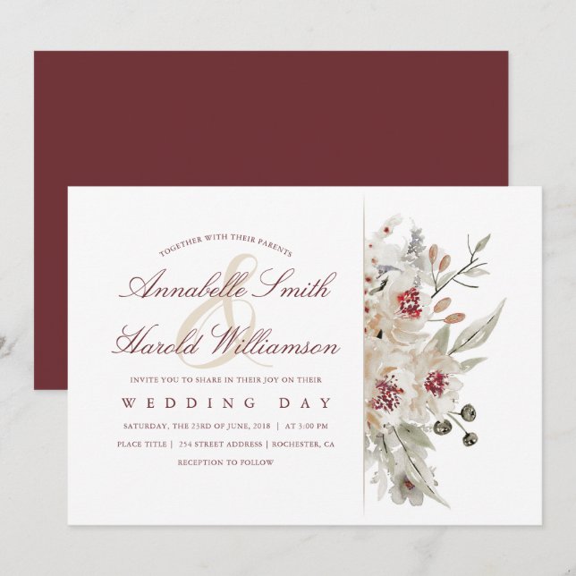 Invitation Aquarelles d'ivoire et de Bourgogne Mariage floral (Devant / Derrière)