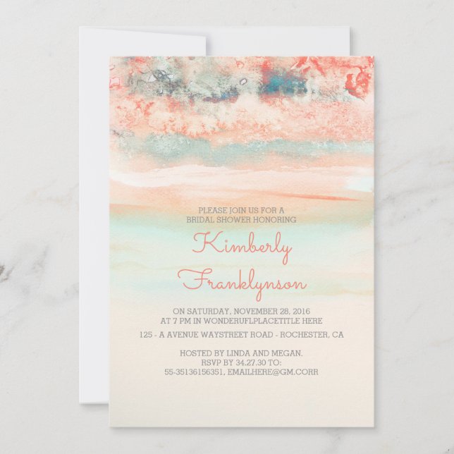 Invitation Aquarelles Fête des mariées de plage bleu rose (Devant)