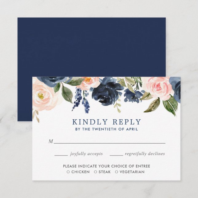 Invitation Aquarelles florale rose et bleu marine RSVP (Devant / Derrière)