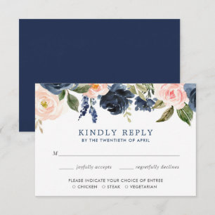 Invitation Aquarelles florale rose et bleu marine RSVP