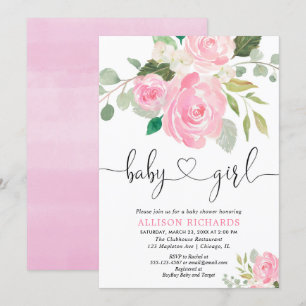 Invitation Aquarelles florales baby showers filles rose pâle