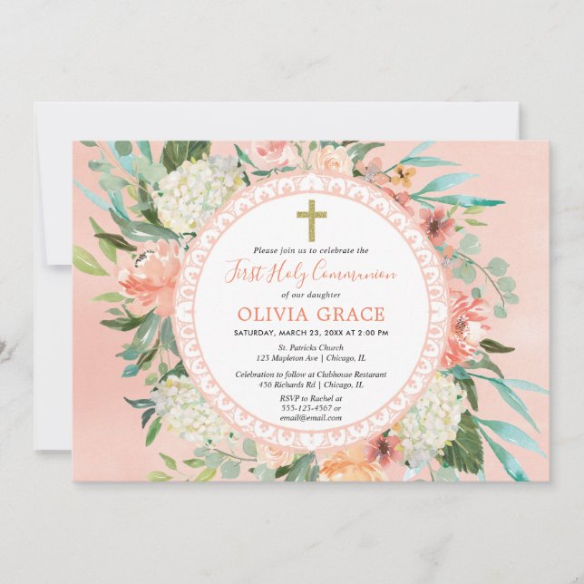 Invitation Aquarelles florales de première sainte communion (Devant)