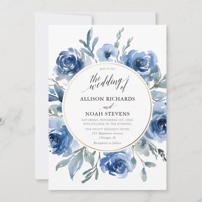 Invitation Aquarelles florales d'or bleu couronnes mariage mo (Devant)