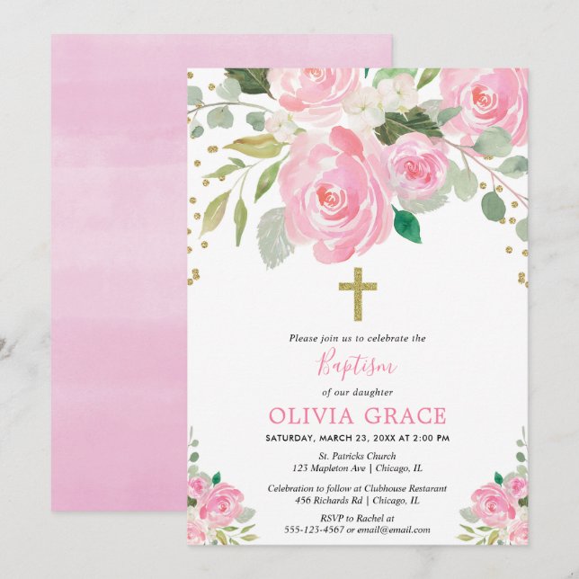 Invitation Aquarelles florales d'or rose vif baptême fille (Devant / Derrière)