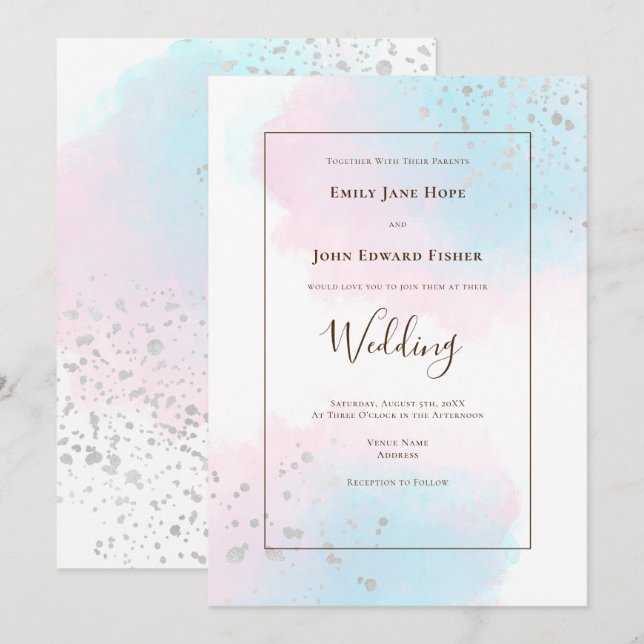 Invitation Aquarelles Turquoises roses Mariage Confetti argen (Devant / Derrière)