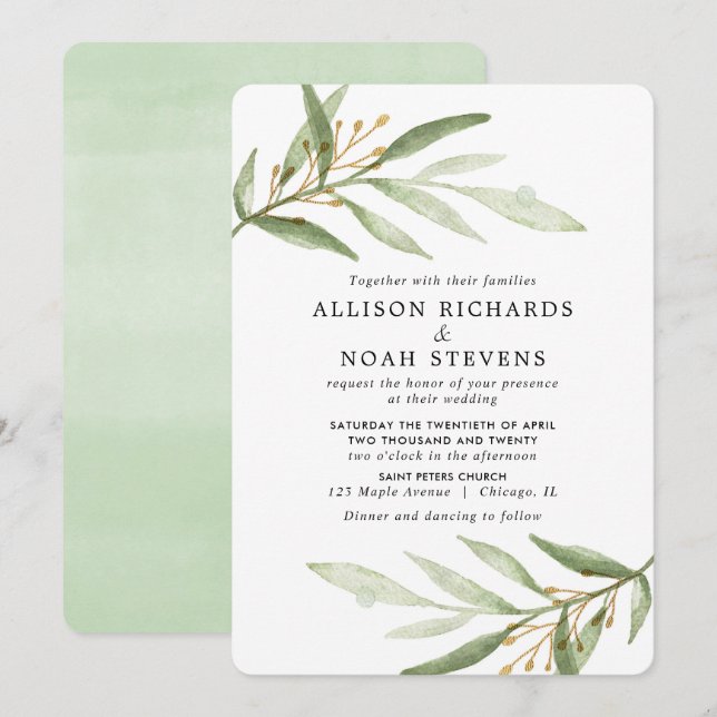 Invitation Aquarelles vertes or vert feuille mariage (Devant / Derrière)