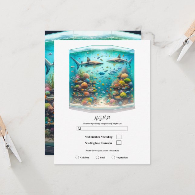 Invitation Aquarium aquatique de requins et poissons RSVP (Devant/Arrière en situation)