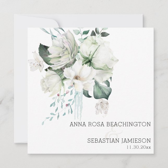 Invitation *~* AR15 - Bouquets floraux blancs QR RSVP Mariage (Devant)