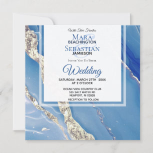 Invitation *~* AR66 Gold Powder BLue Agate RSVP QR Mariage