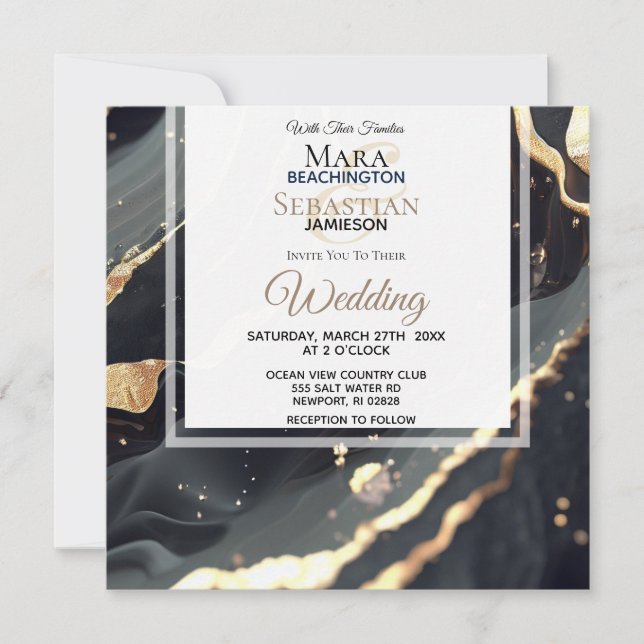 Invitation *~* AR66 RSVP Black Gold Agate QR Mariage (Devant)