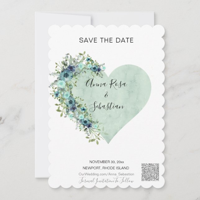 Invitation *~* AR6 Heart Floral Aqua QR MARIAGE ENREGISTRER L (Devant)