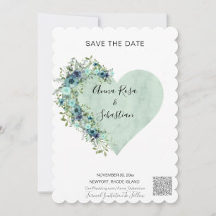 Invitation *~* AR6 Heart Floral Aqua QR MARIAGE ENREGISTRER L