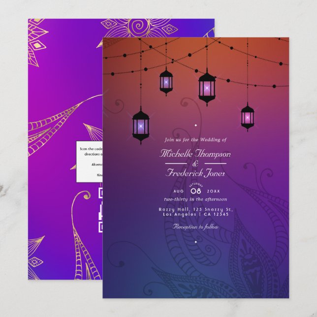 Invitation Arabian Bollywood QR Code RSVP Mariage (Devant / Derrière)