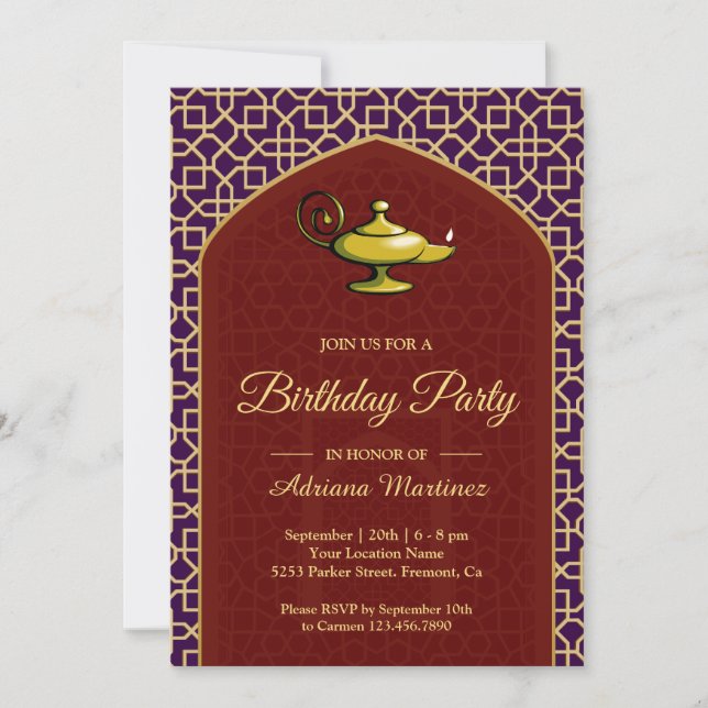 Invitation Arabian Nights Magie Lampe violet rouge Anniversai (Devant)