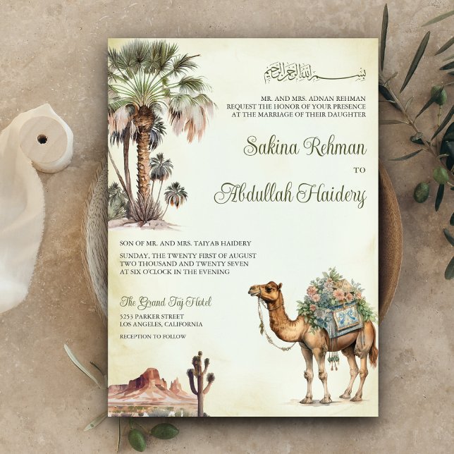 Invitation Arabian Palm Desert Camel QR Code Mariage musulman (Créateur téléchargé)