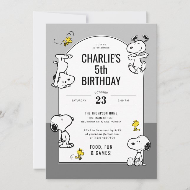 Invitation Arachides Snoopy & Woodstock Gris Anniversaire (Devant)